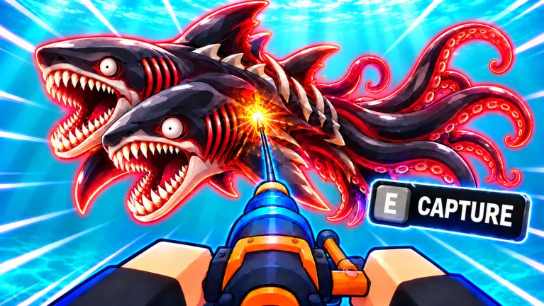 Official Harpoon a Fish Roblox still: two dark sea creatures with glowing eyes in deep blue water in front of the harpoon