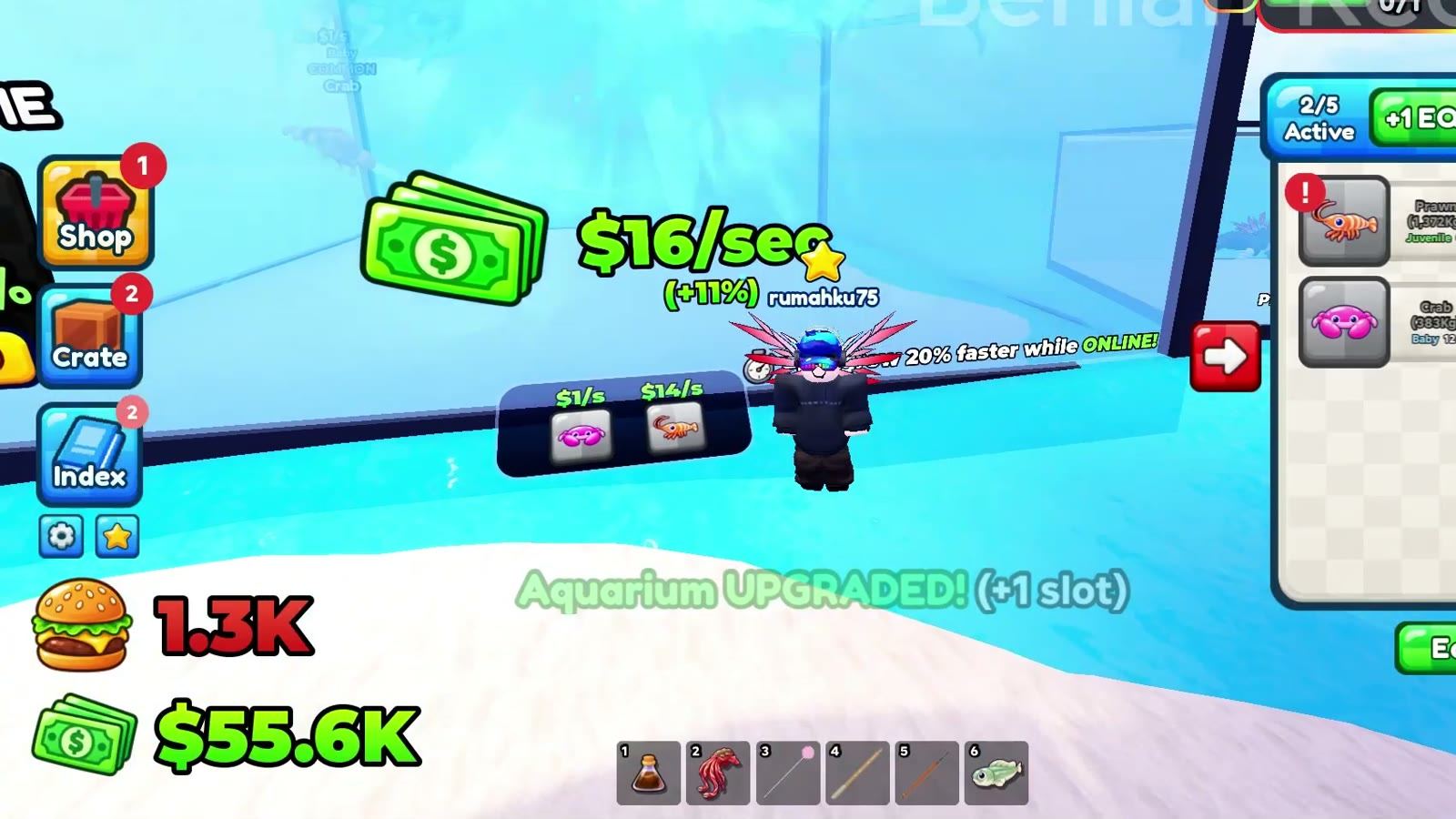 Aquarium income readout in Harpoon a Fish showing cash per second beside a pet