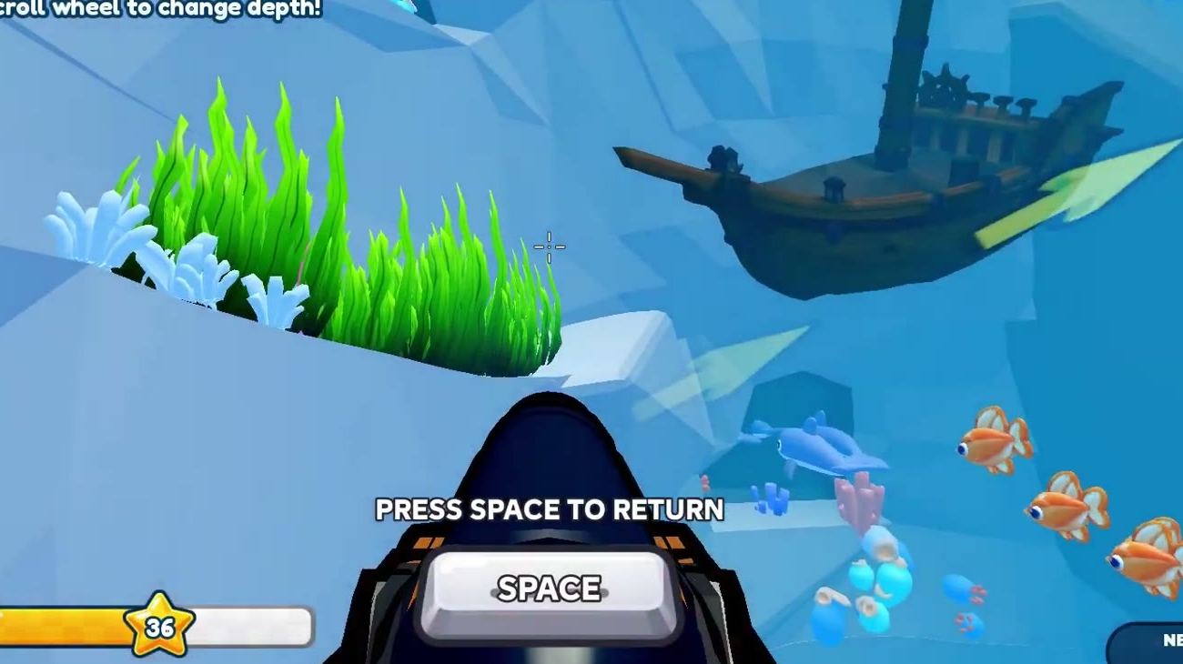 Deep water in Harpoon a Fish, with a sunken ship in the background and the depth gauge on screen