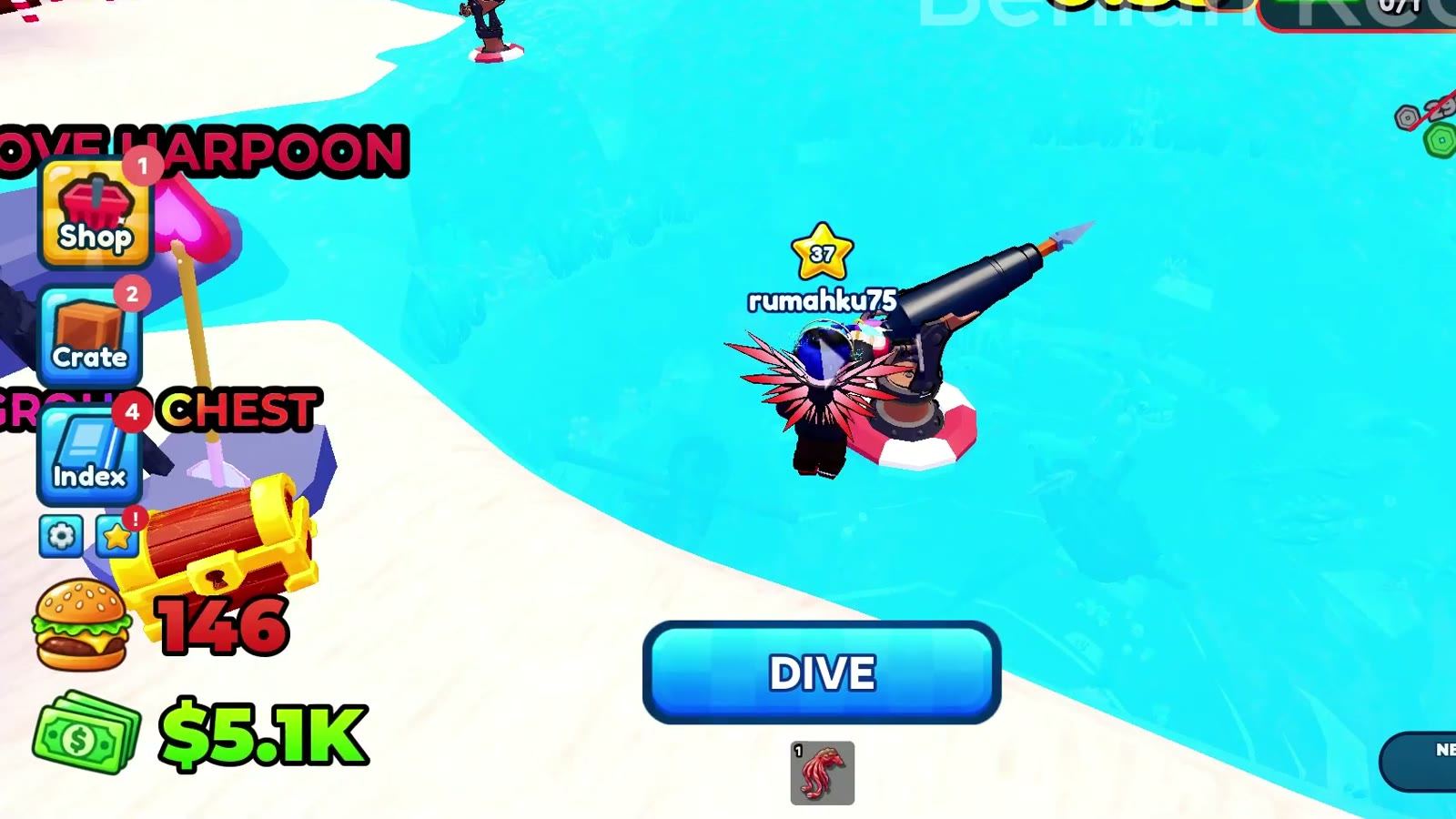 A diver diving from the island platform in Harpoon a Fish before a contest