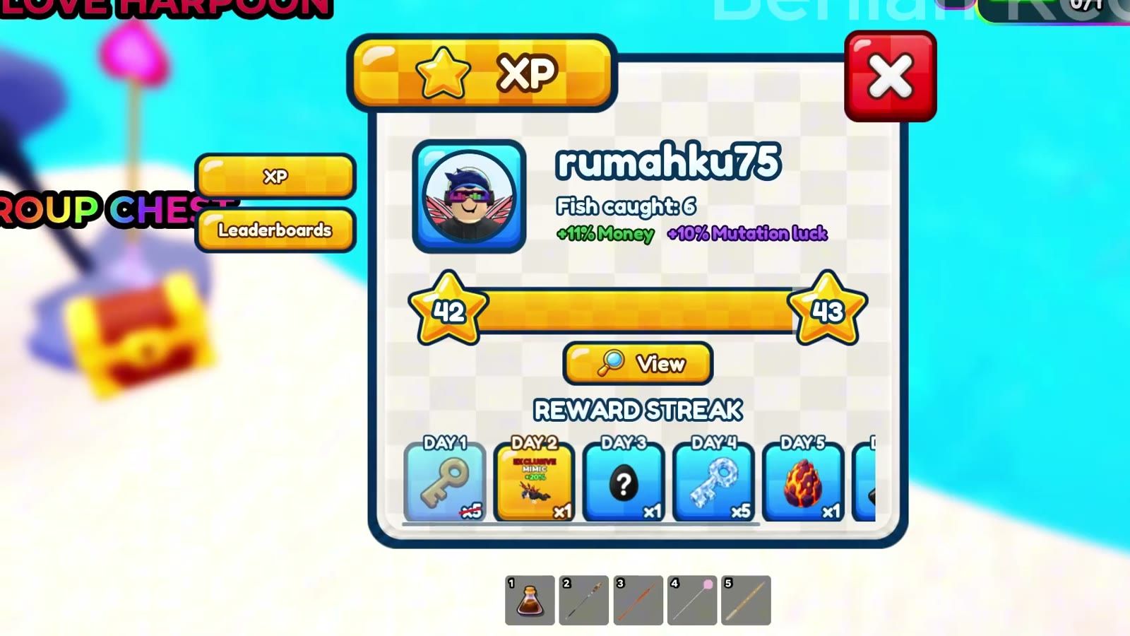The reward and progress panel in Harpoon a Fish listing experience, catches and claimable rewards