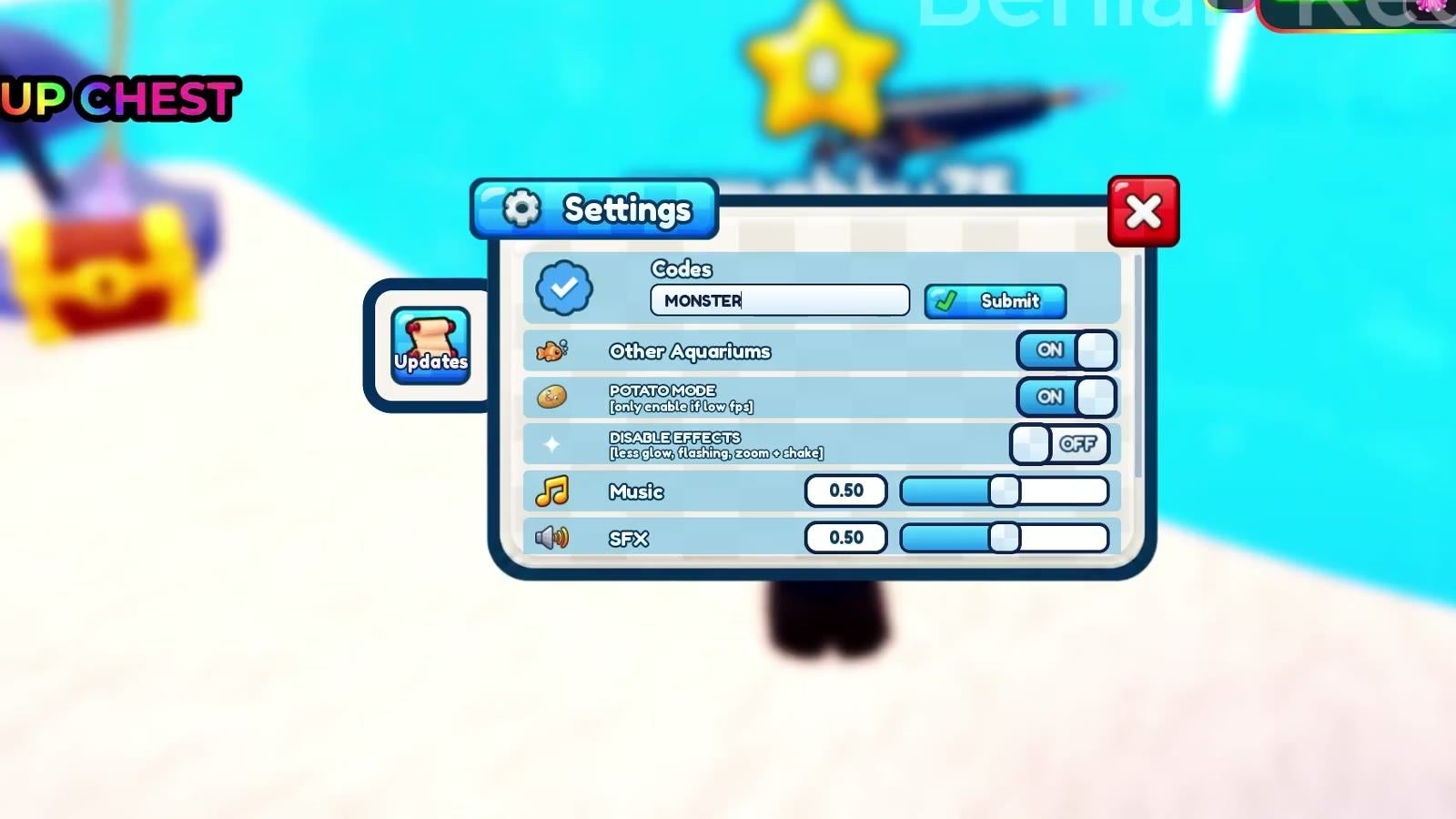 The settings window in Harpoon a Fish, where the code box lives